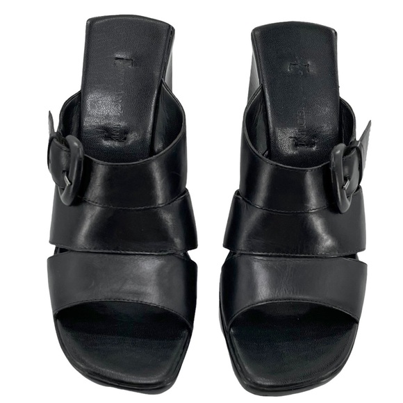 Vintage 90s High Heel Mules Open Square Toe Black Leather Chunky Buckle | 8.5 - Picture 3 of 7